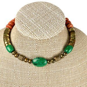 Ethnic Statement Choker in Green, Gold & Orange on Memory Wire Choker